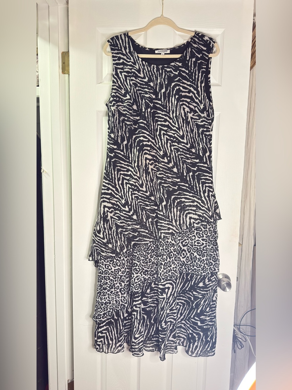 SERENGETI Mixed Animal Print (Zebra/Cheetah) Sleeveless Tiered Handkerchief Dres